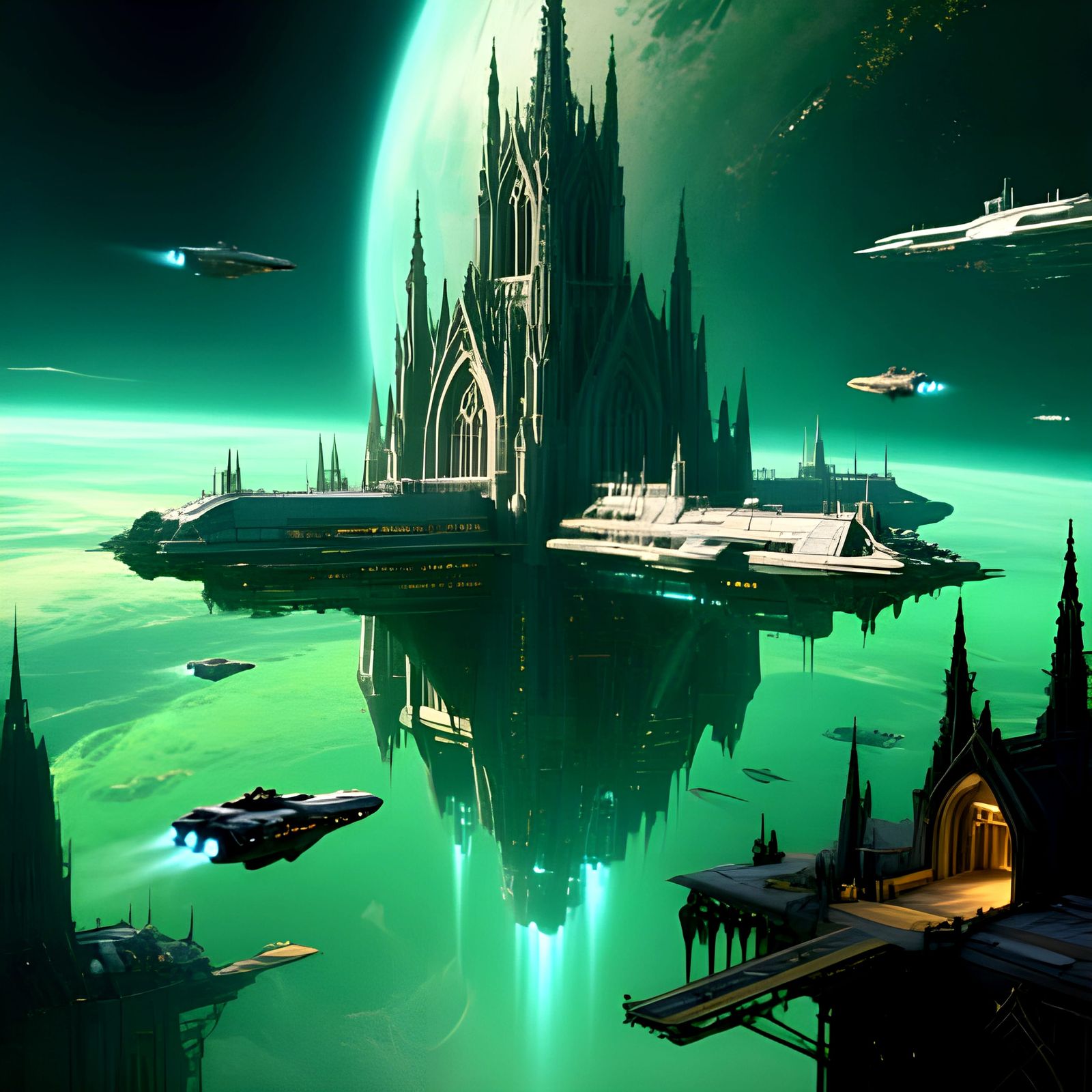 Gothic Cathedral Space Station in Science Fiction Style