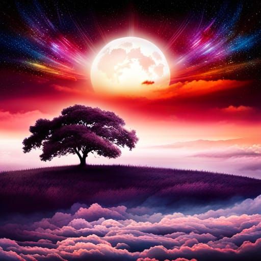 Magical Oak Tree with Red Cloud Leaves on Nebula