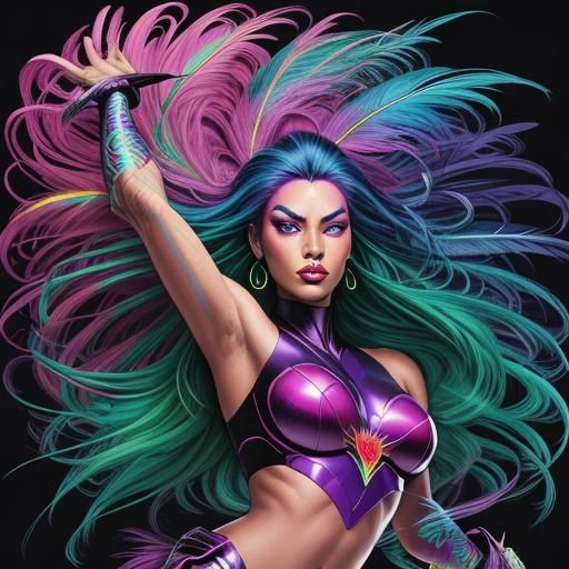 Peacock Woman: Vibrant Comic Book Art Portrait