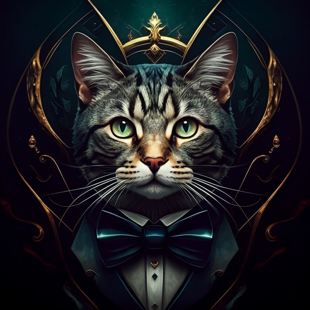 Analytical Cubism Feline Dreamscape in Emerald and Gold