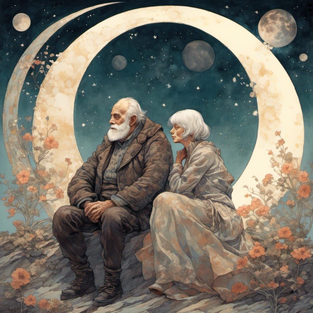Romantic Moonlight Scene of Older Couple