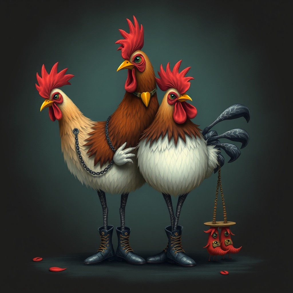 Whimsical Rocker Chickens in Gothic Surreal Style
