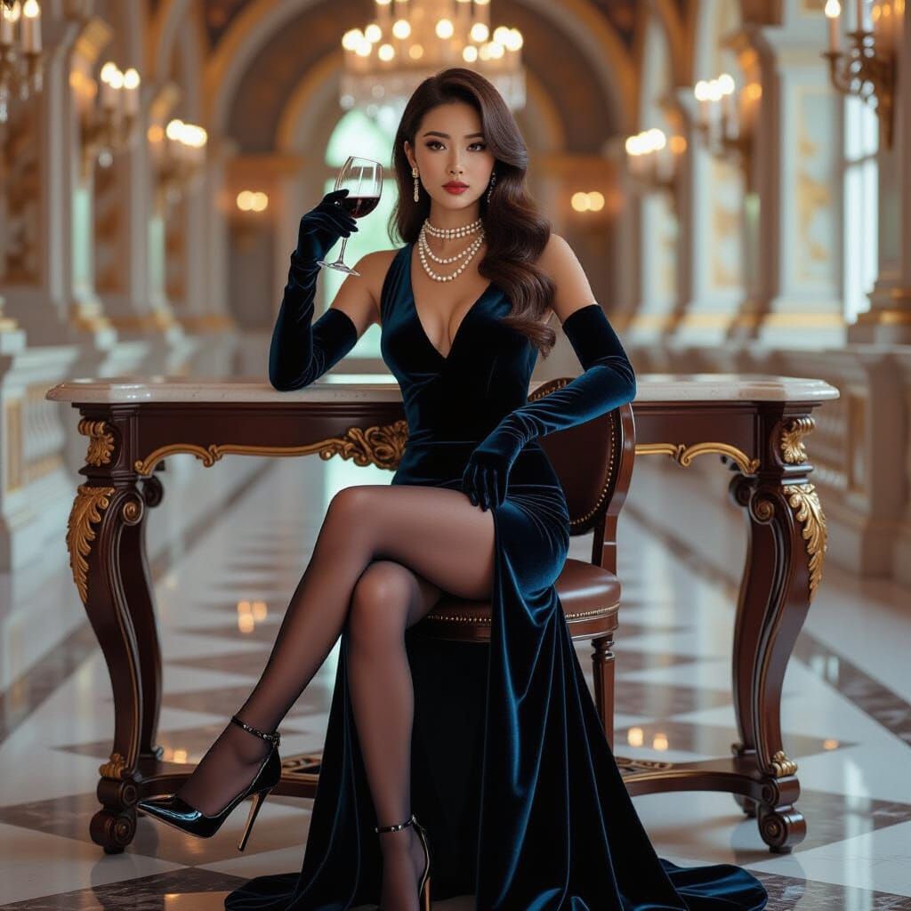 Elegant Asian Woman in Velvet Dress, Alphonse Mucha Style