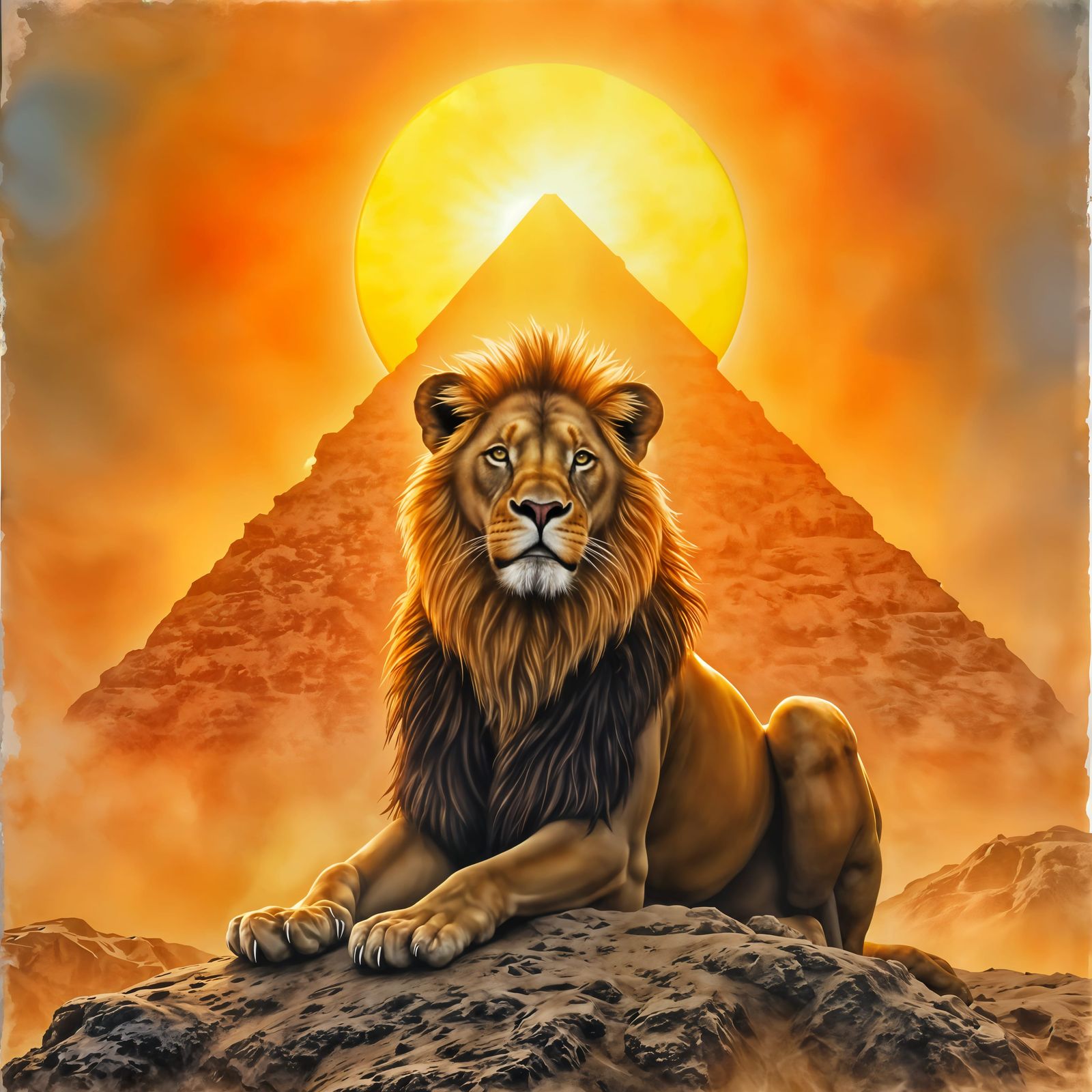 Majestic Lion and Pyramid in Watercolor