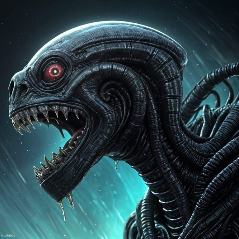 Surrealist Close-Up of Alien Horror Amidst Distant Planet La...