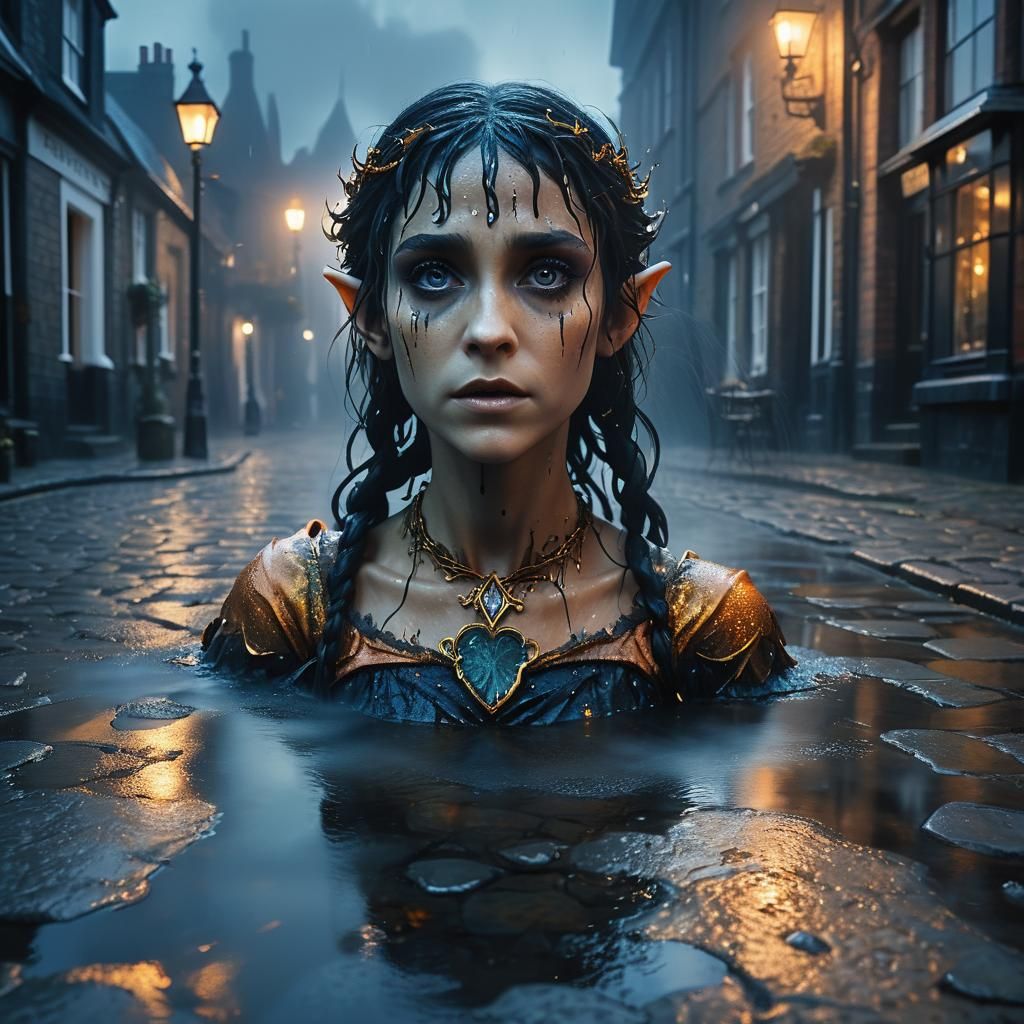 Drowned Elf Queen in Misty Victorian Street