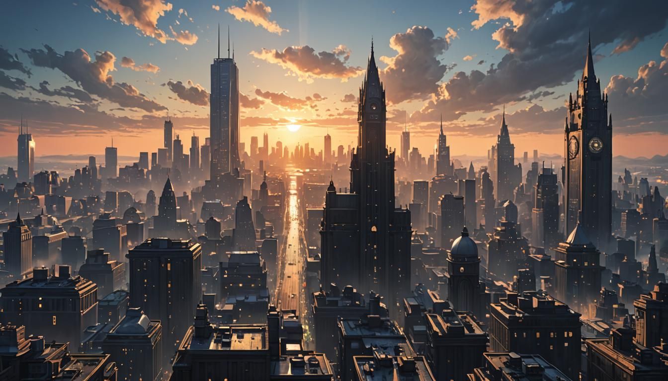 Gotham Sunrise: Anime-Inspired 3D Cityscape