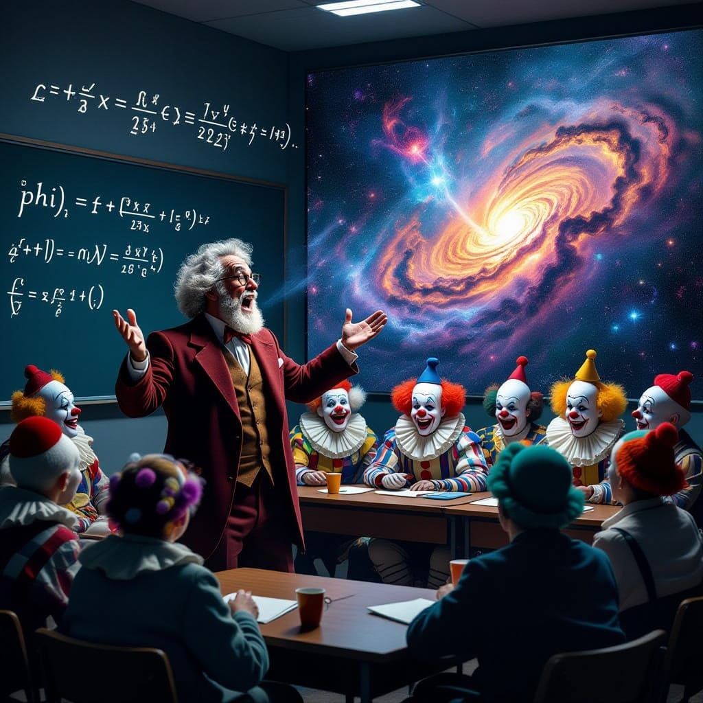 Quantum Physics Teacher Explains Phi to Clowns in Surreal Ar...