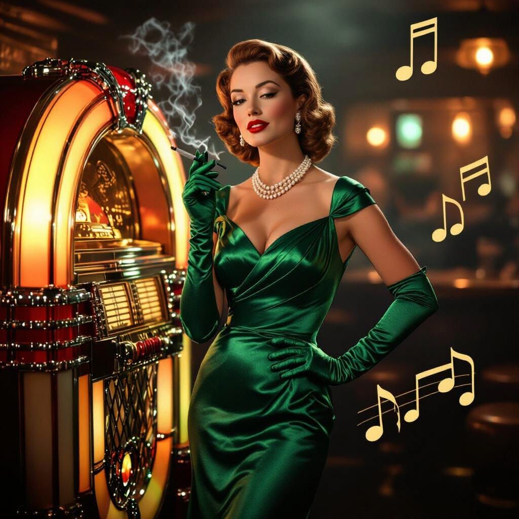 Elegant Woman in Emerald Gown at Jazz Bar