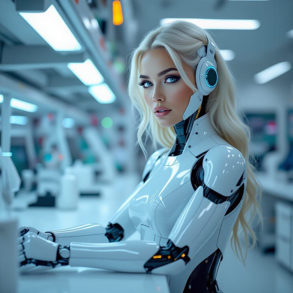 Gynoid Sokoły Granda Ananeva in Futuristic Lab, B&W Film