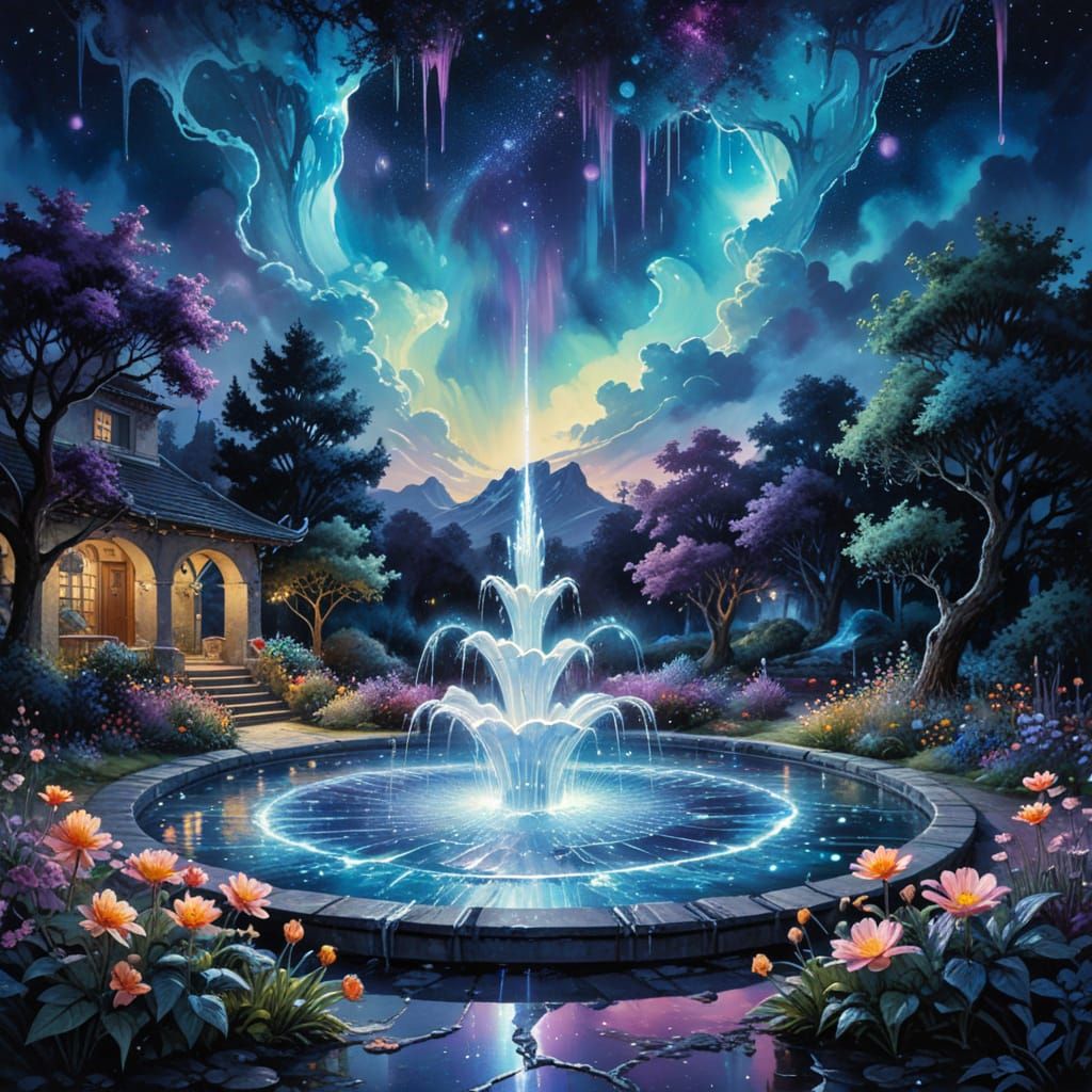Bioluminescent Garden: Surreal Moonlit Fountain