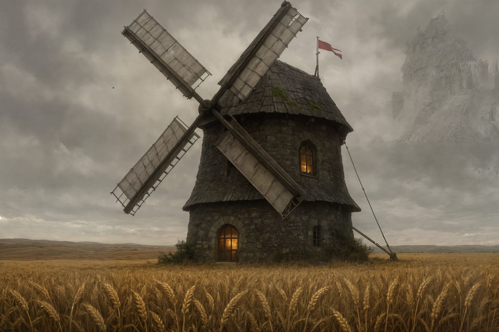 Medieval Windmill in Wheat Field