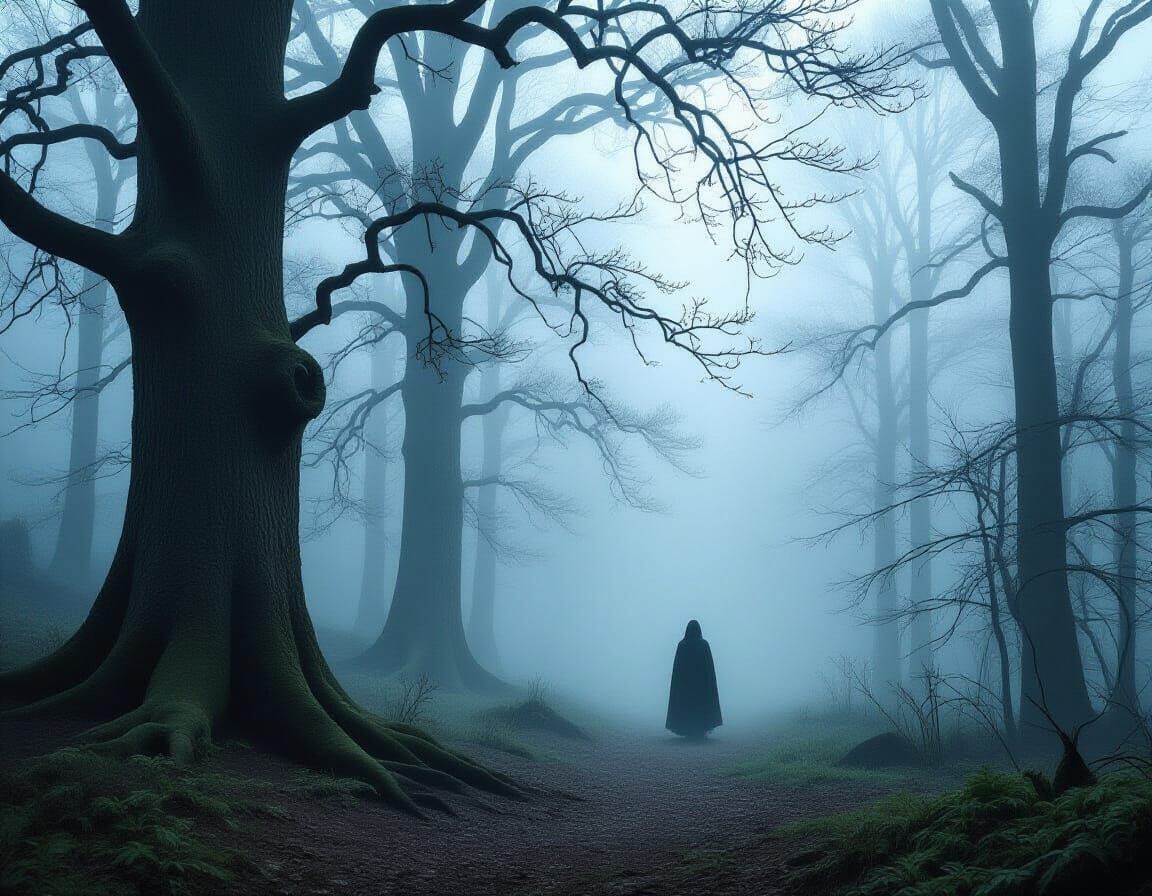 Misty Medieval Forest with Mysterious Hooded Figure