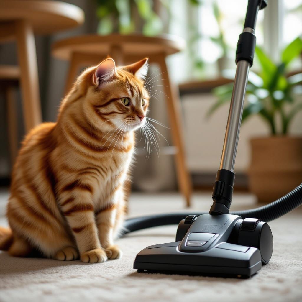 Orange Tabby Cat Stares Down Vacuum Cleaner