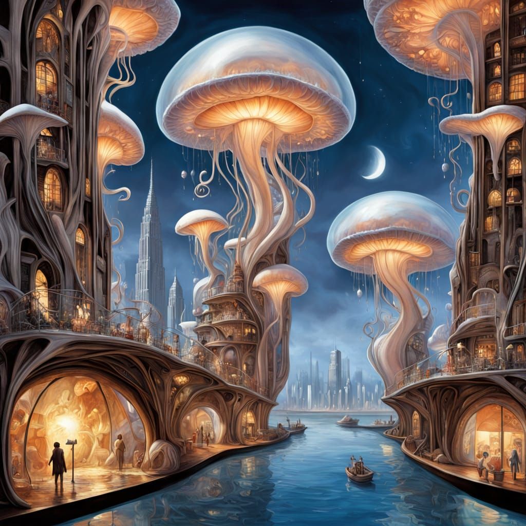Surreal Seashell Cityscape with Luminous Jellyfish Sky