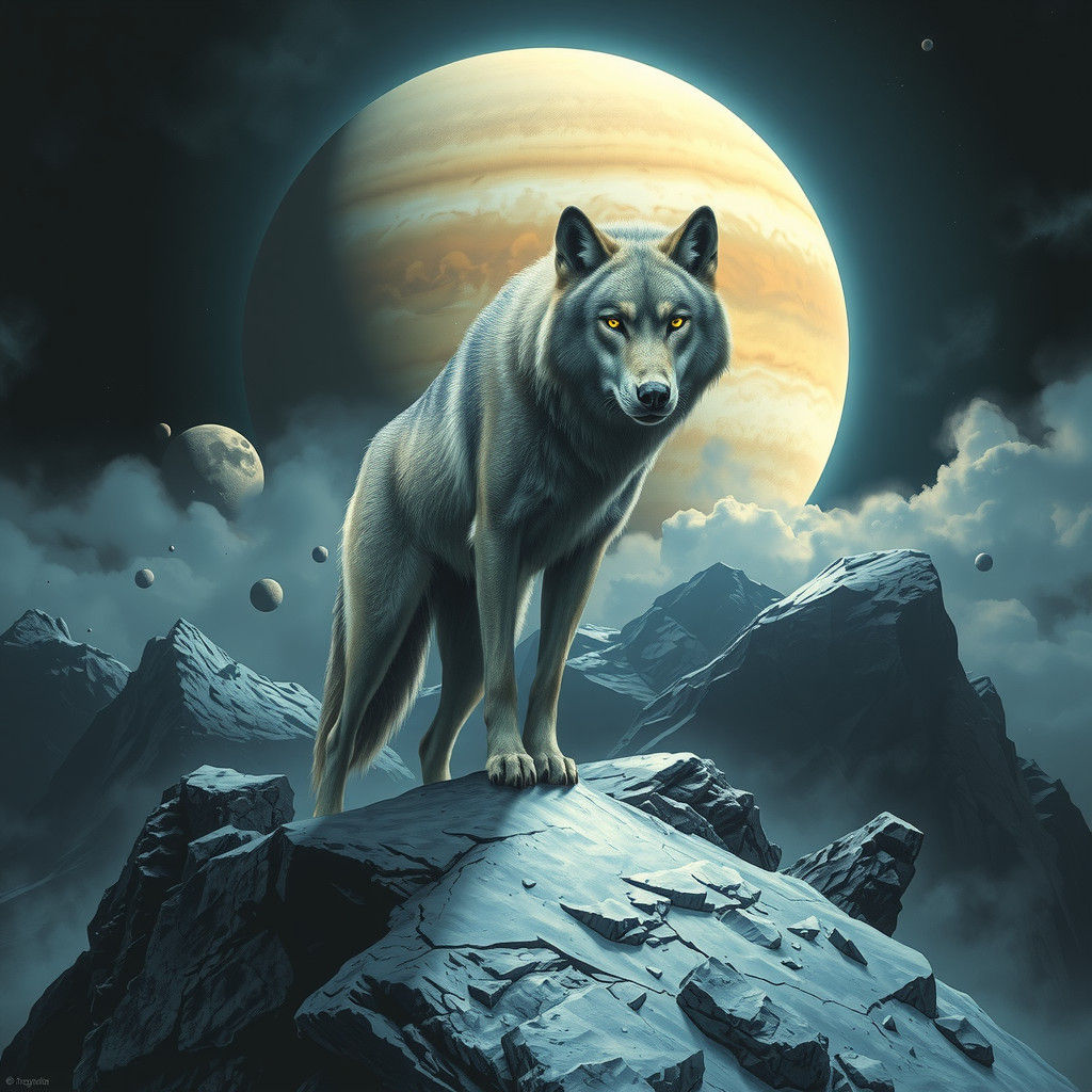 Icy Wolf on Jupiter Moon in Sci-Fi Style