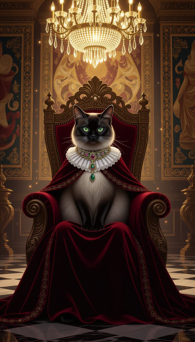 Siamese Black Cat King on Gilded Throne
