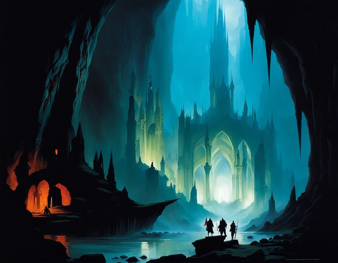 Ominous Dark Fantasy City in Underground Cave
