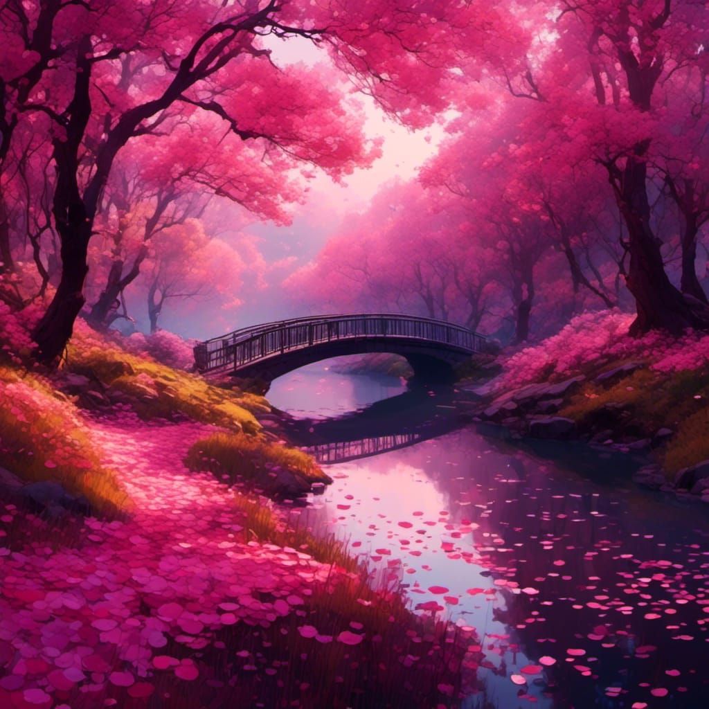 Sakura Trees in Ethereal Impasto Landscape