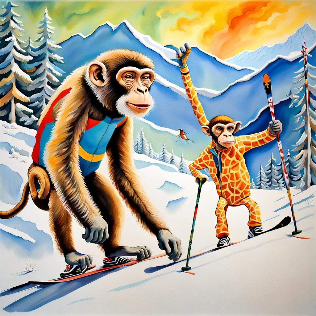 Monkey and Giraffe Ski Race: Impressionist Gouache Painting