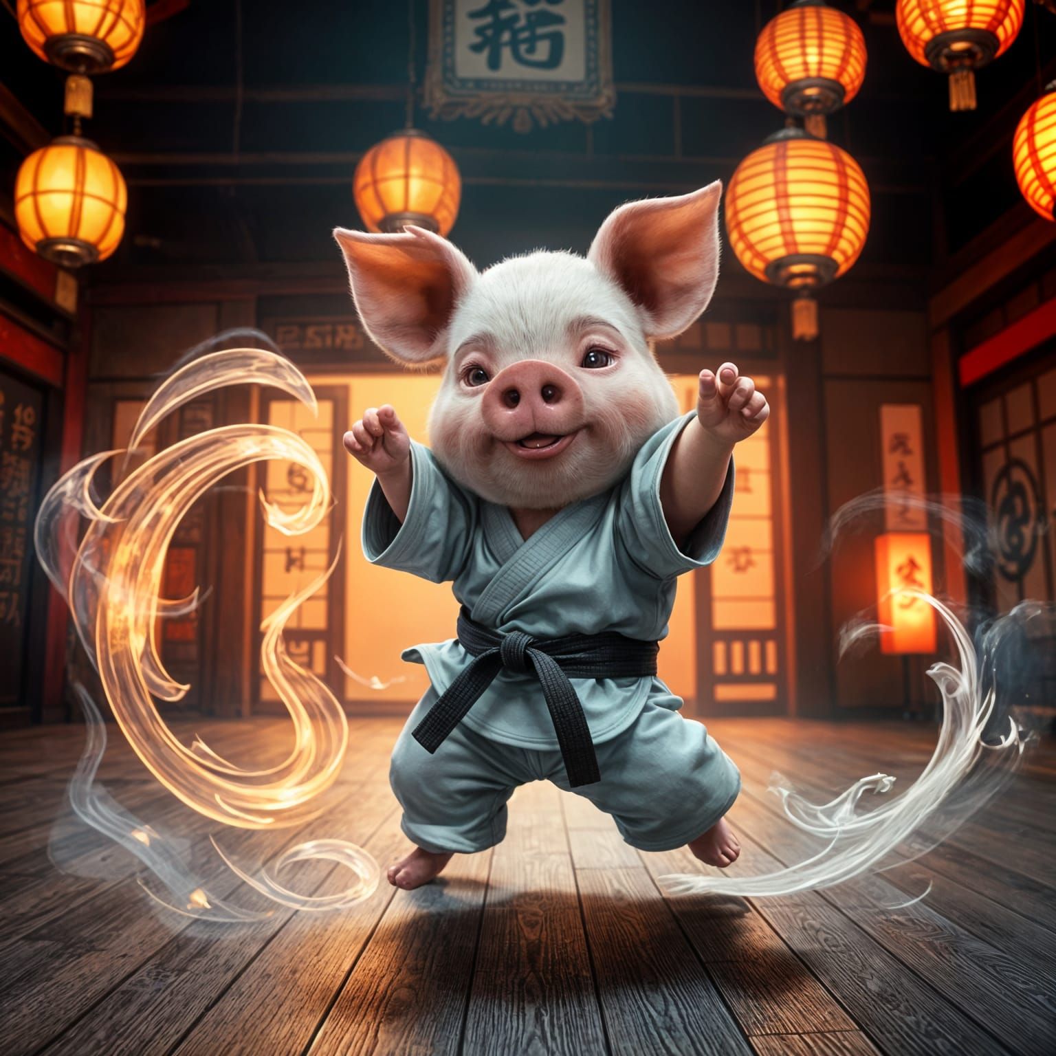 Chibi Pig Practicing Karate in Dojo