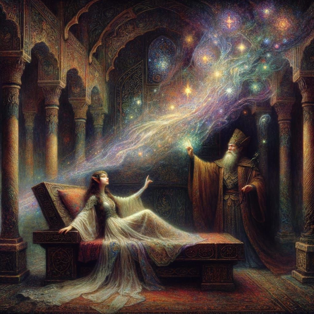 Mystical Elf Enshrouded by Wizard's Shimmering Mist