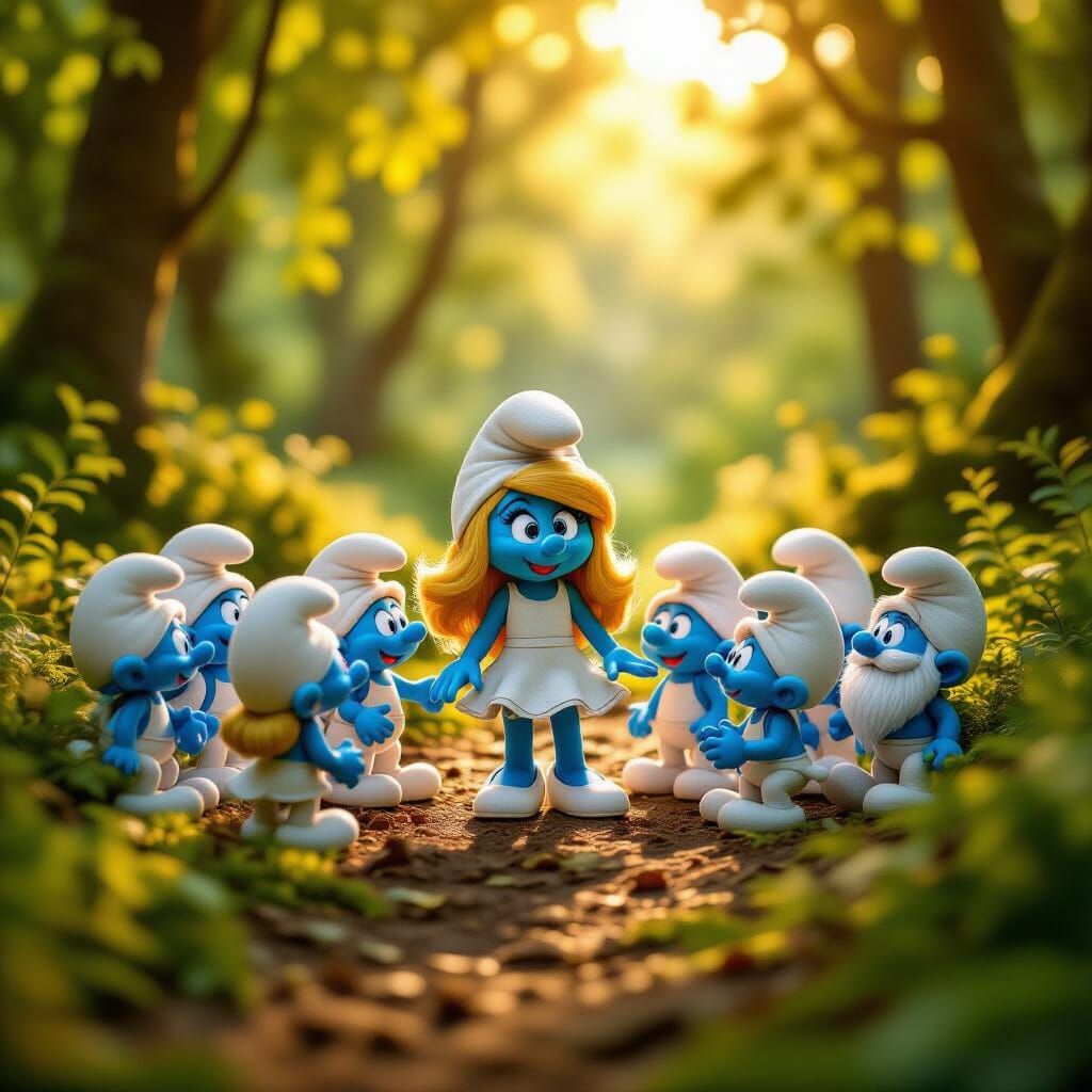Vibrant Smurf Village with Smurfs and Smurfette in Golden Ho...