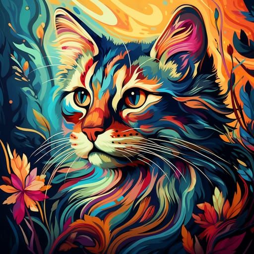 Paint-by-Numbers Style Cat Illustration