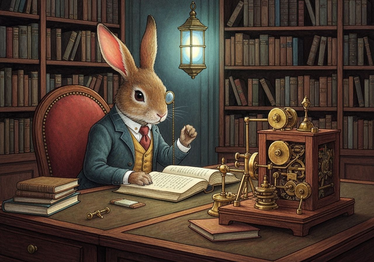 Mischievous Rabbit Inventor at Antique Desk