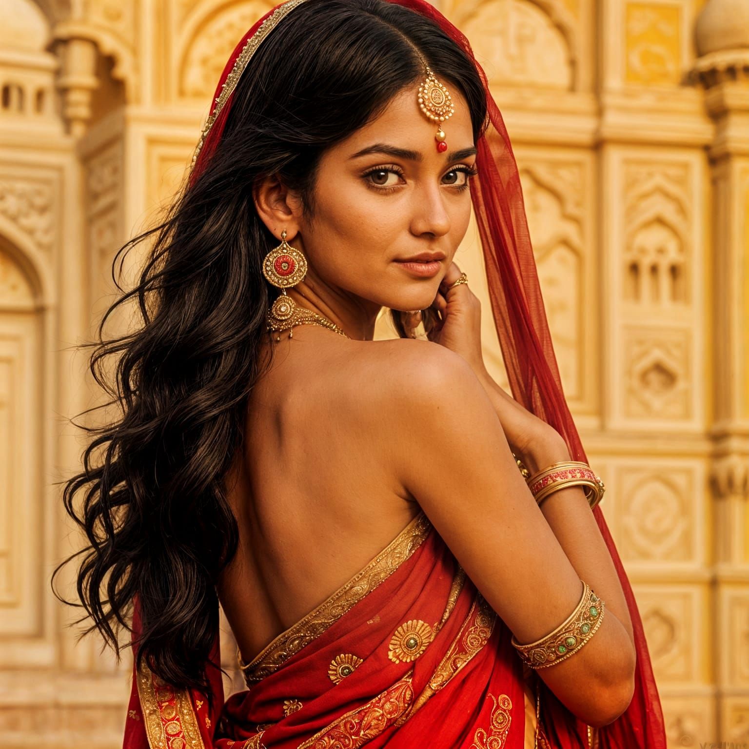 Elegant Woman in Traditional Indian Attire with Taj Mahal Ba...