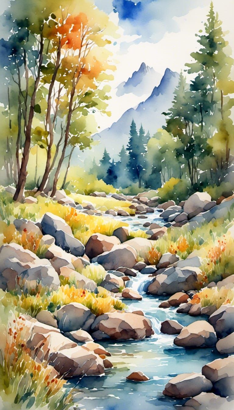 Lush River Scene in Antique Watercolor Style