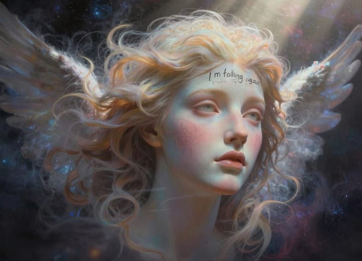 Cosmic Angel Contemplating Fall, Vibrant Colors