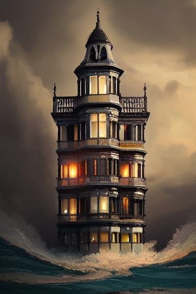 Floating Victorian House Overtaken by Wave