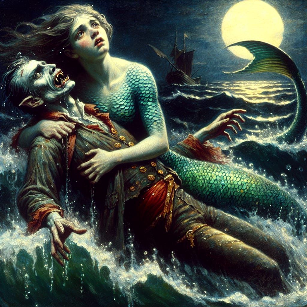 Mermaid Rescues Vampire in Romantic Oil Painting