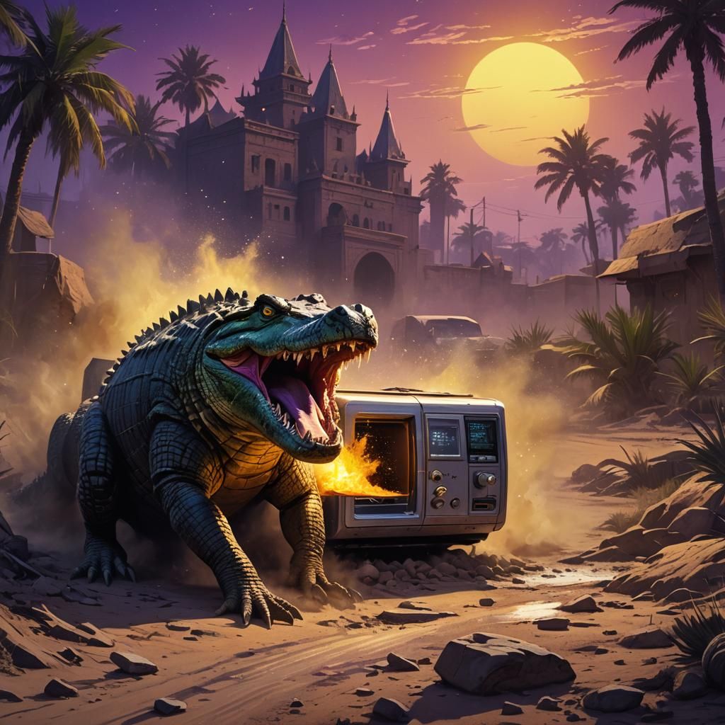 Crocodile's Microwave Meal on a Backroad: Dark Fantasy Art