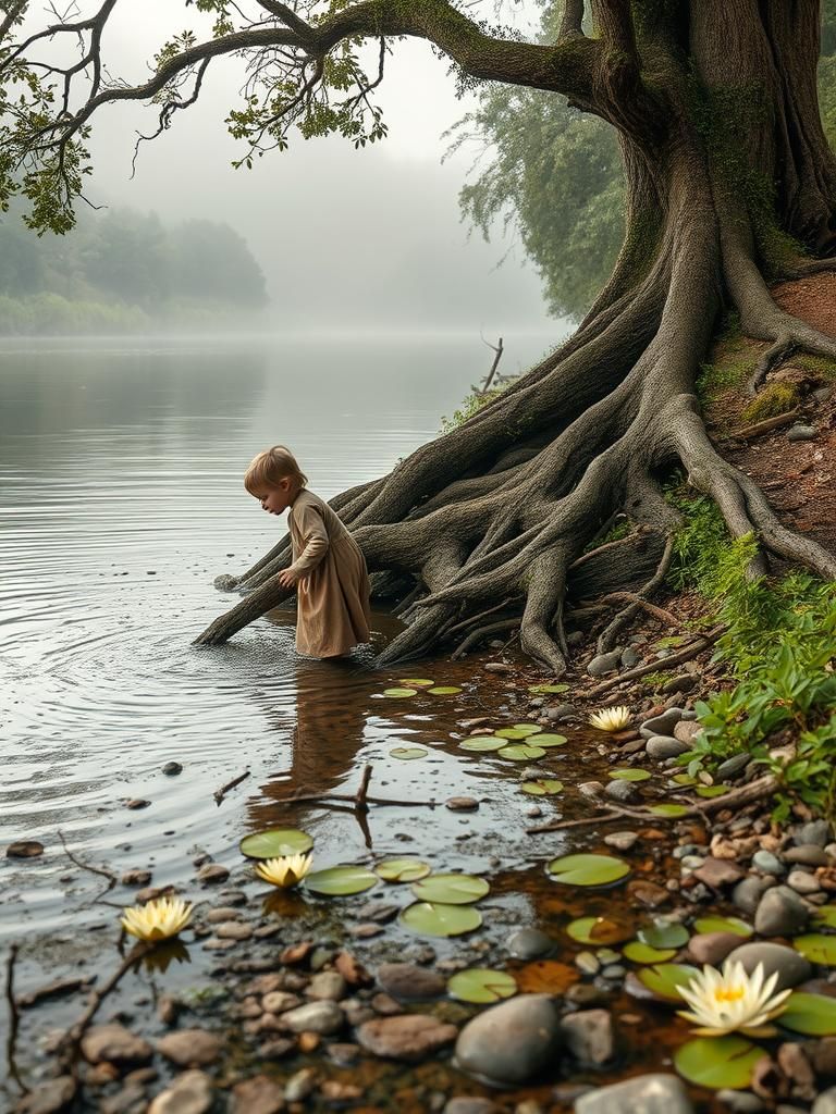 Childhood Memories by the River in Photorealistic Style