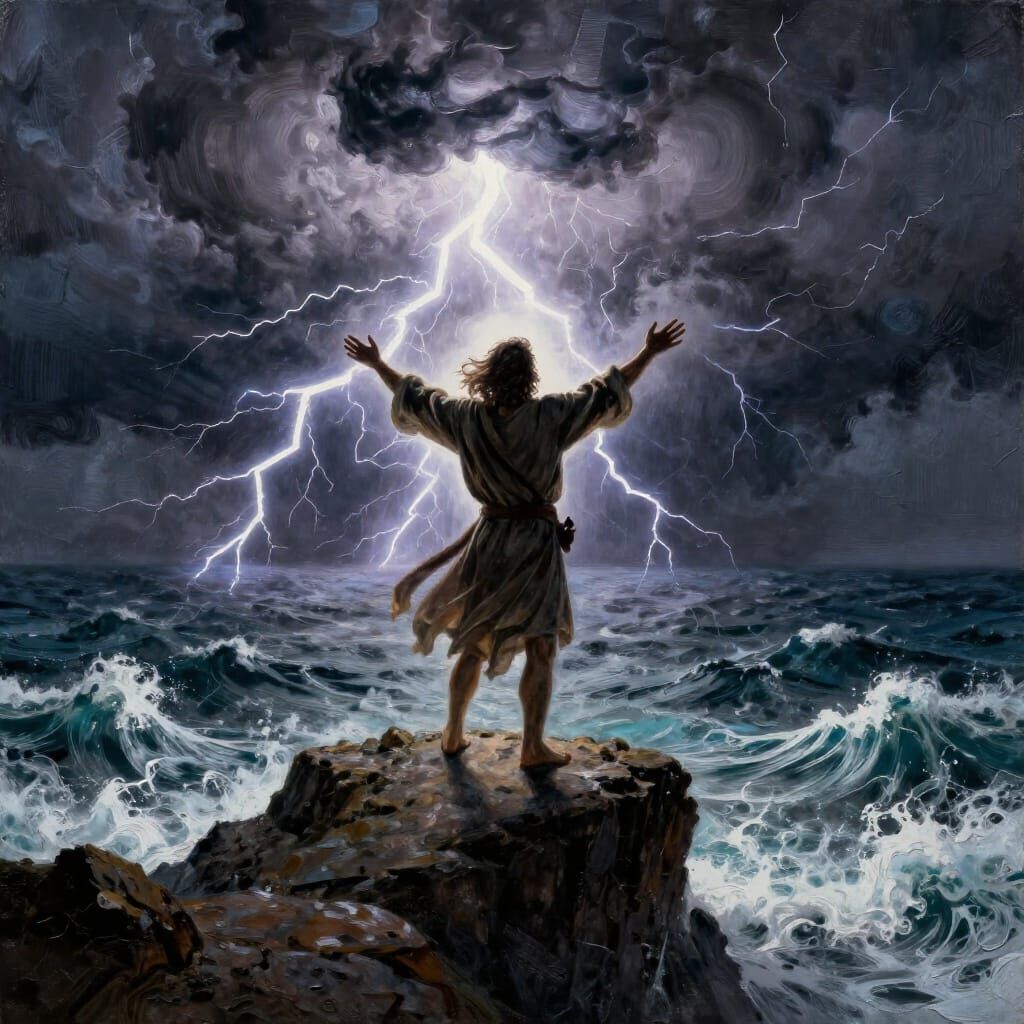 Moses on Cliff Overlooking Raging Sea in Thunderstorm