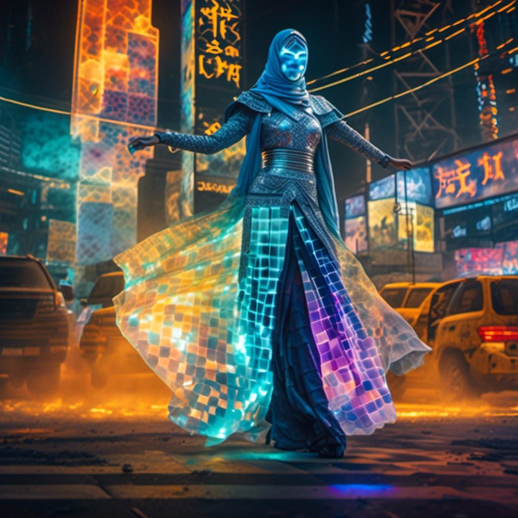 Holographic Dervish Dancer in Post-Apocalyptic Cityscape
