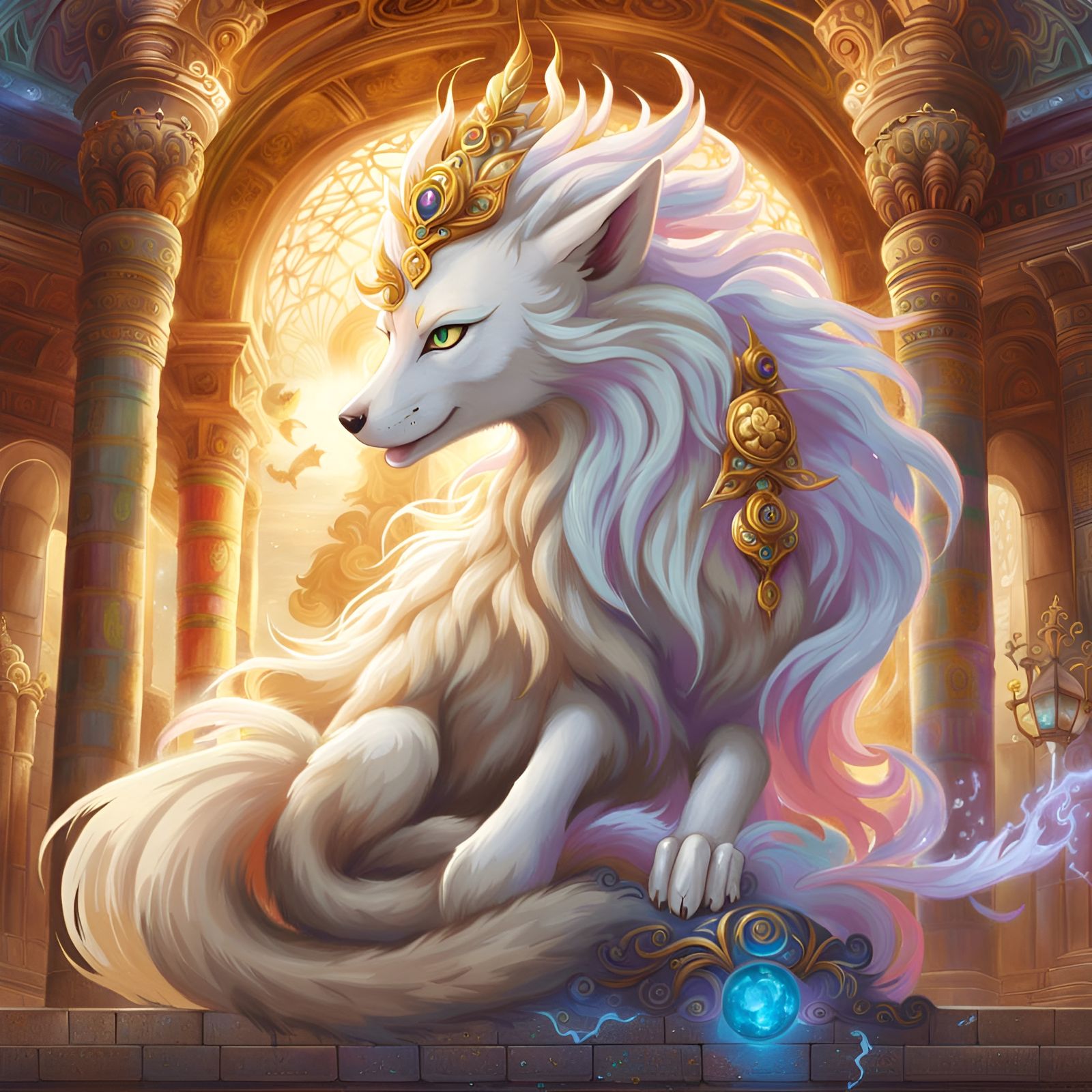 Ornate Fantasy Portrait of the Majestic Pokemon Ninetales in a Beautiful Temple