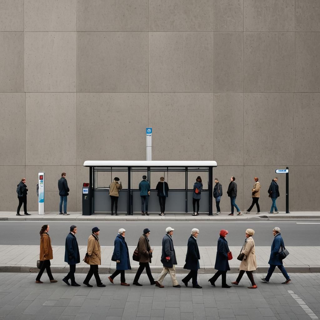 People Queueing at Bus Stop in Bande Dessinée Style