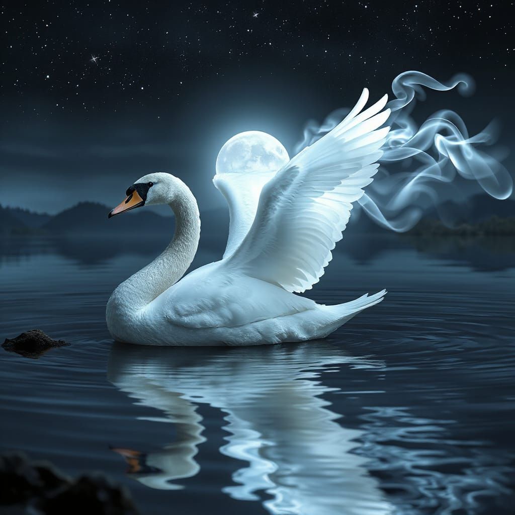 Swan Spirit Emerges on Moonlit Lake
