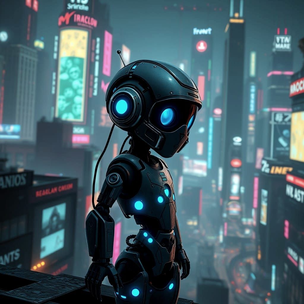 Cyberpunk Robot Youth in Futuristic Metropolis