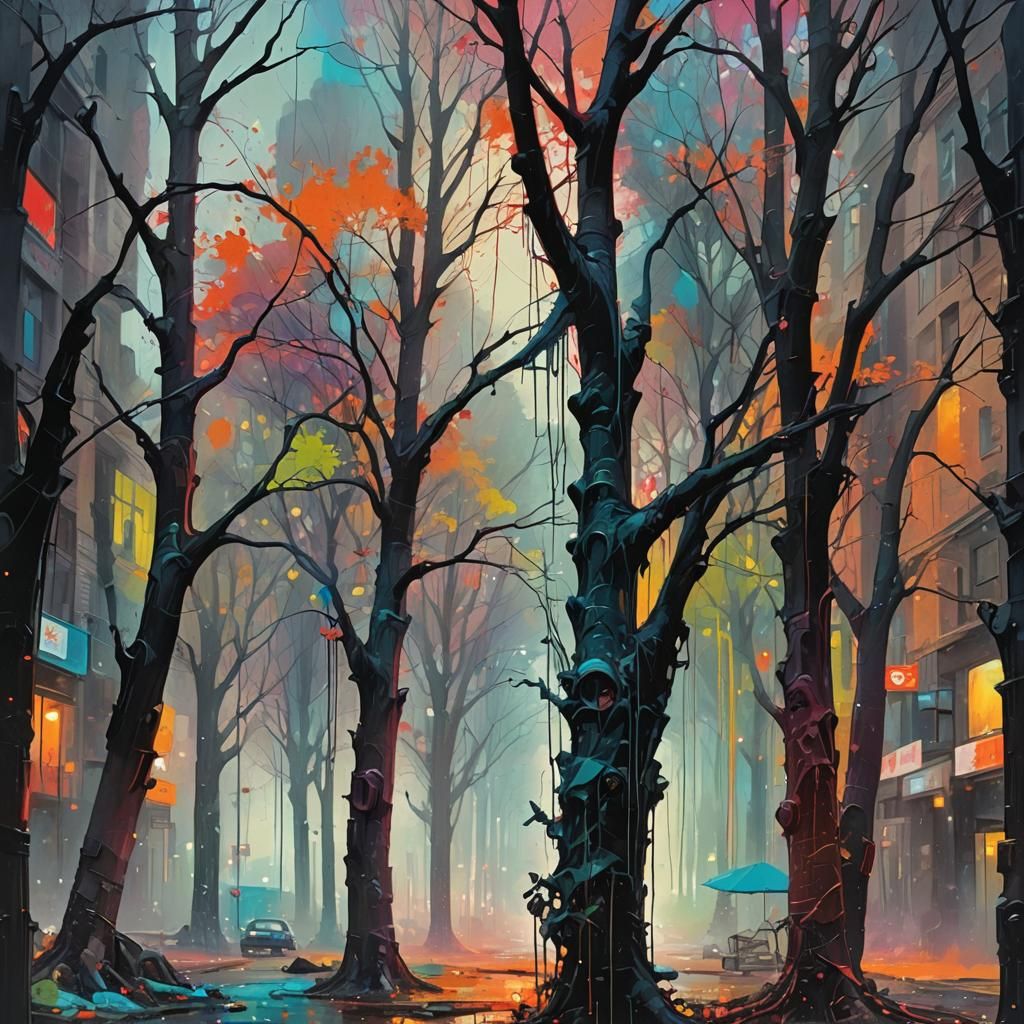 Surreal Forest Dreamscape in Vibrant Street Art Style