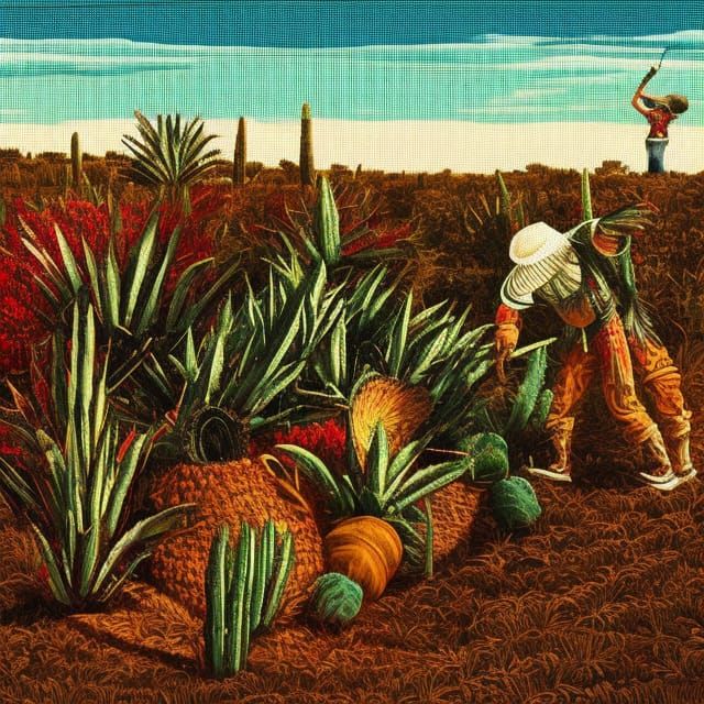 El jimador harvesting agave in Mexican field Mexico Latin aztec Mayan trending on Artstation contrasting colors surreali...
