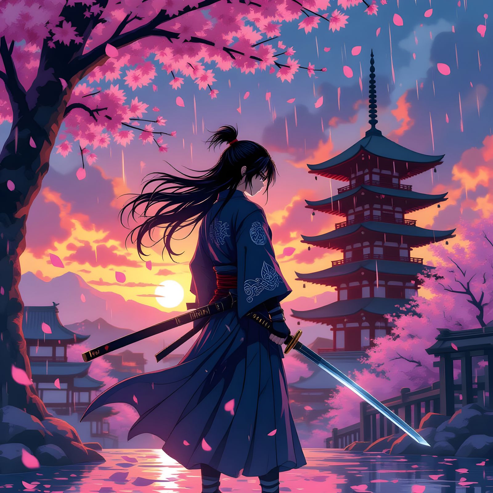 Anime Samurai Warrior in Cherry Blossom Rain