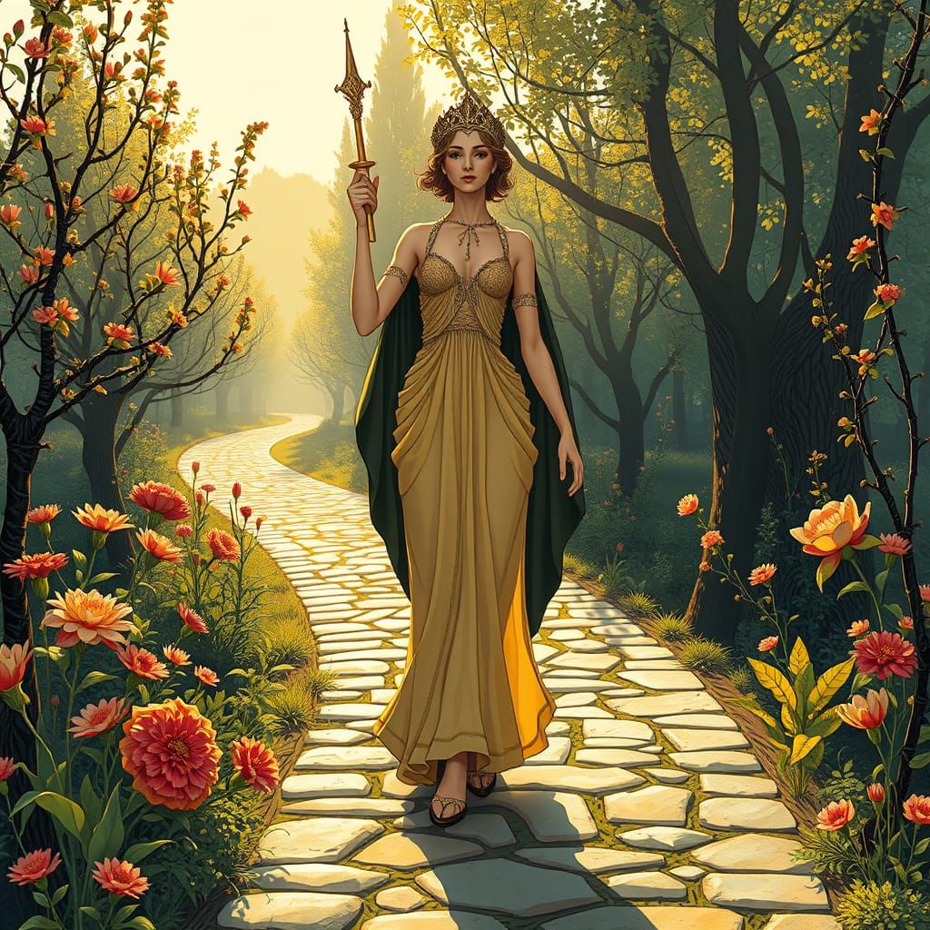 Victorious Figure in Art Nouveau Landscape