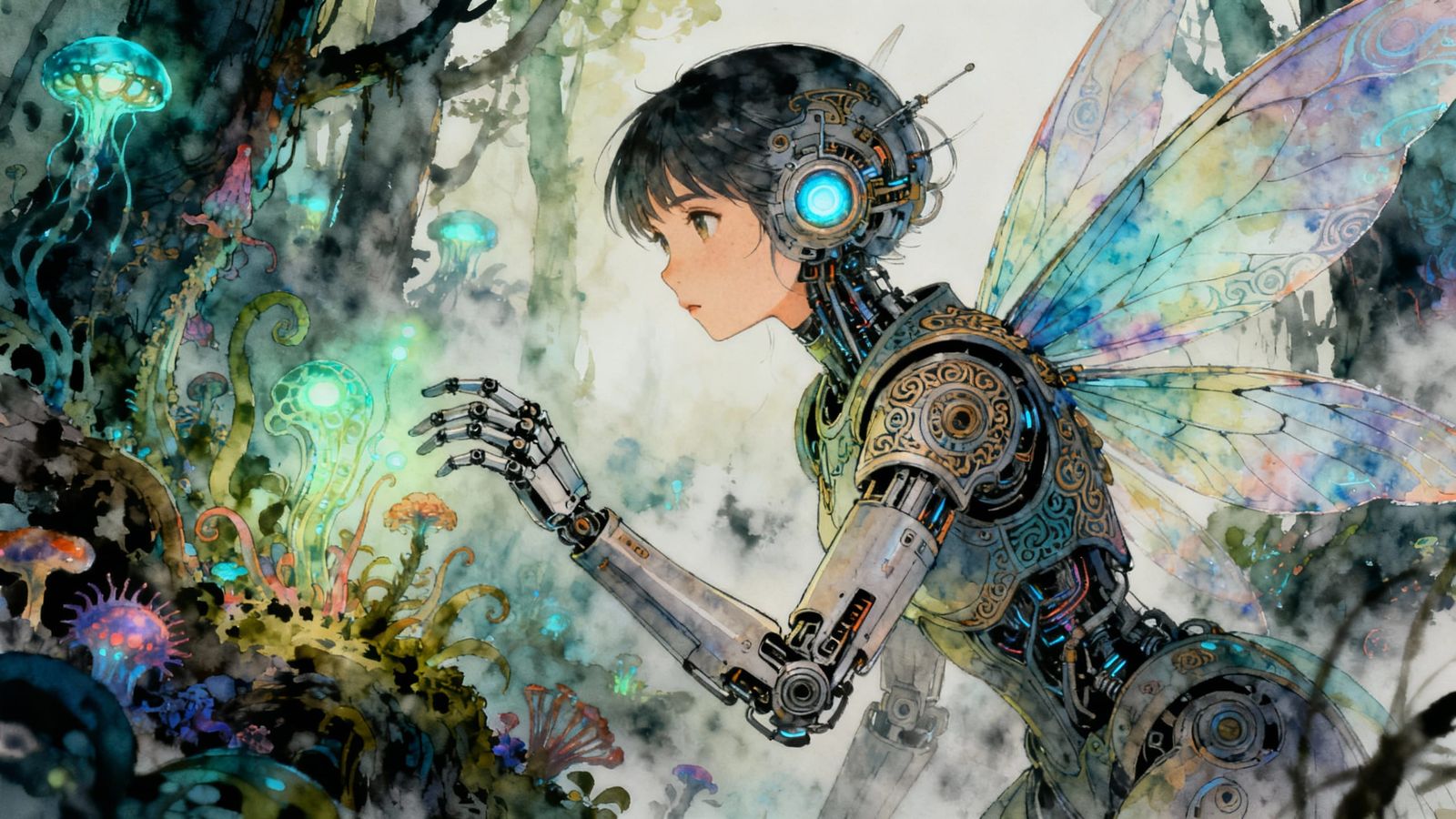 Cyborg Fairy in Bioluminescent Forest