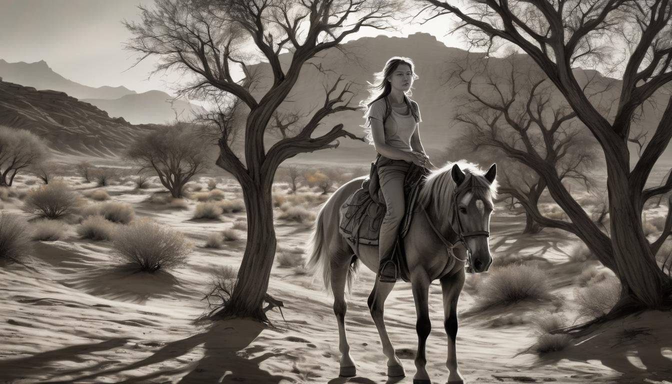 Woman on Horseback in Desert Charcoal Drawing