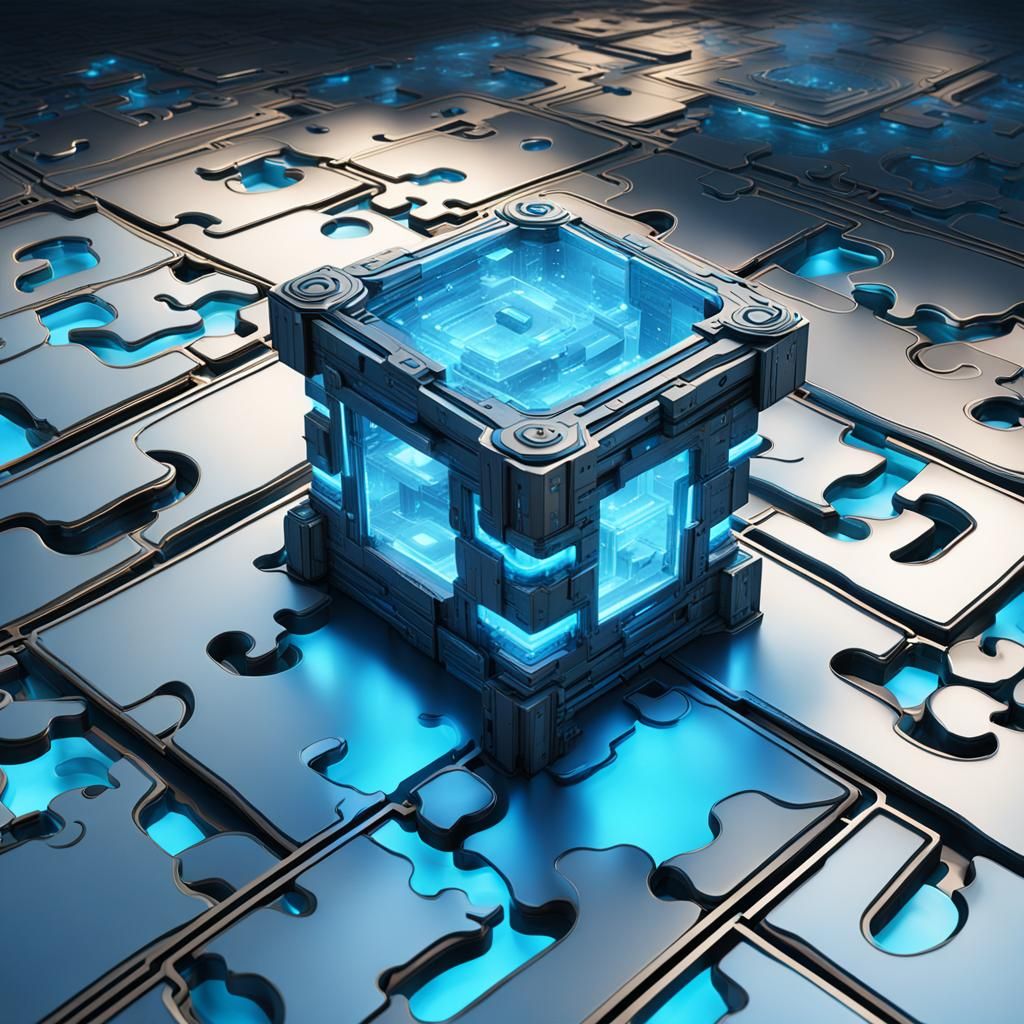 Futuristic Glowing Puzzle Box on Hover Stand