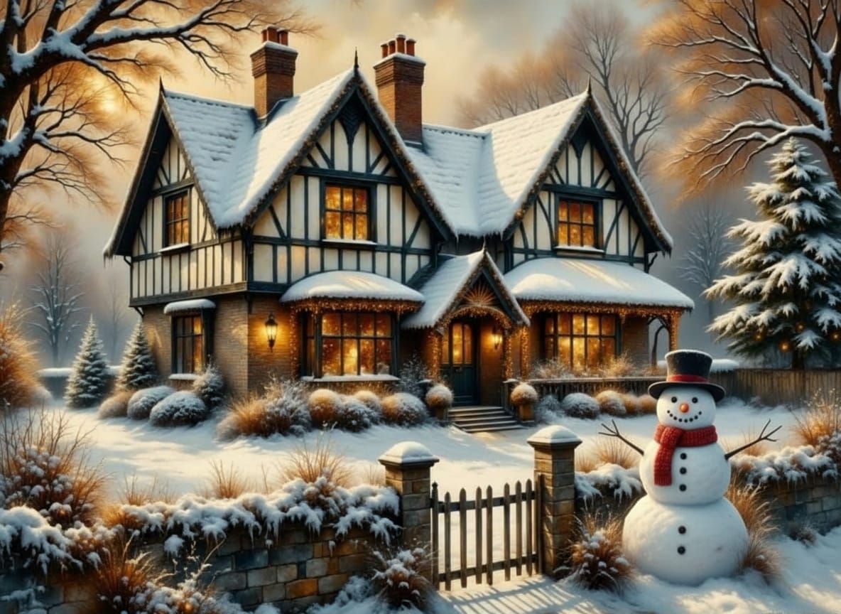 Snowy Tudor Cottage with Christmas Lights in Watercolor Styl...